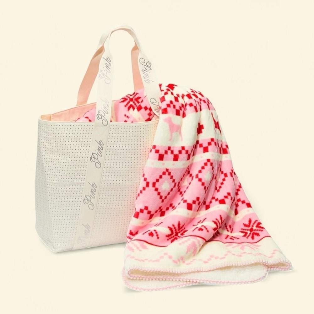 PINK Victoria's Secret NWT Limited Edition White Tote And Pink Blanket Set